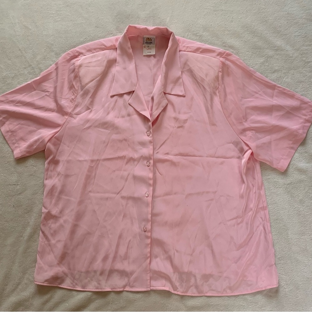 Elite Vintage 80s Light Pink Boxy Button Up Blouse Short Sleeve Shirt Size 40